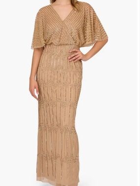 Adrianna Papell Champagne Beaded Maxi Dress Sz 10